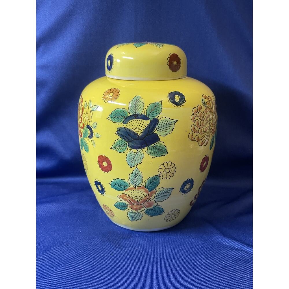 Bright Yellow Porcelain Ginger Jar with Bright Flowers
